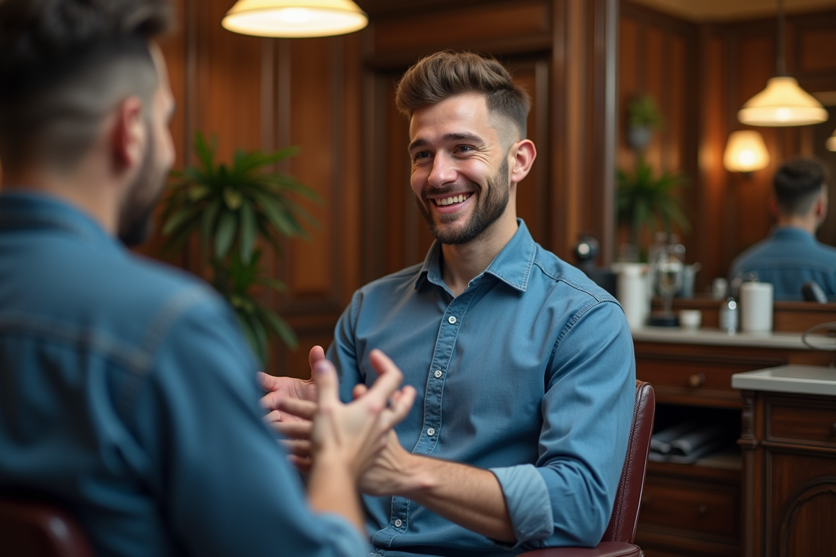 Homme discutant de sa coupe avec le barbier