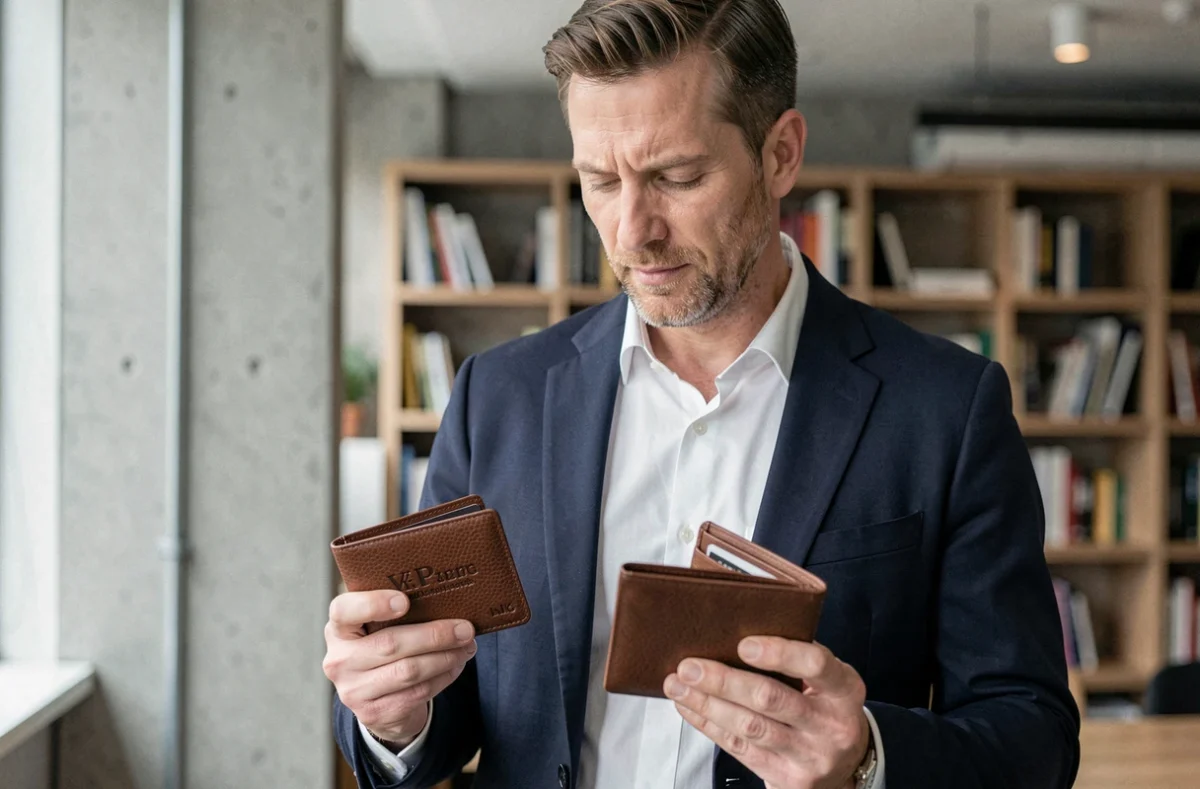 Homme en veste marine comparant un portefeuille personnalisé et un porte-cartes gravé dans un espace de travail moderne