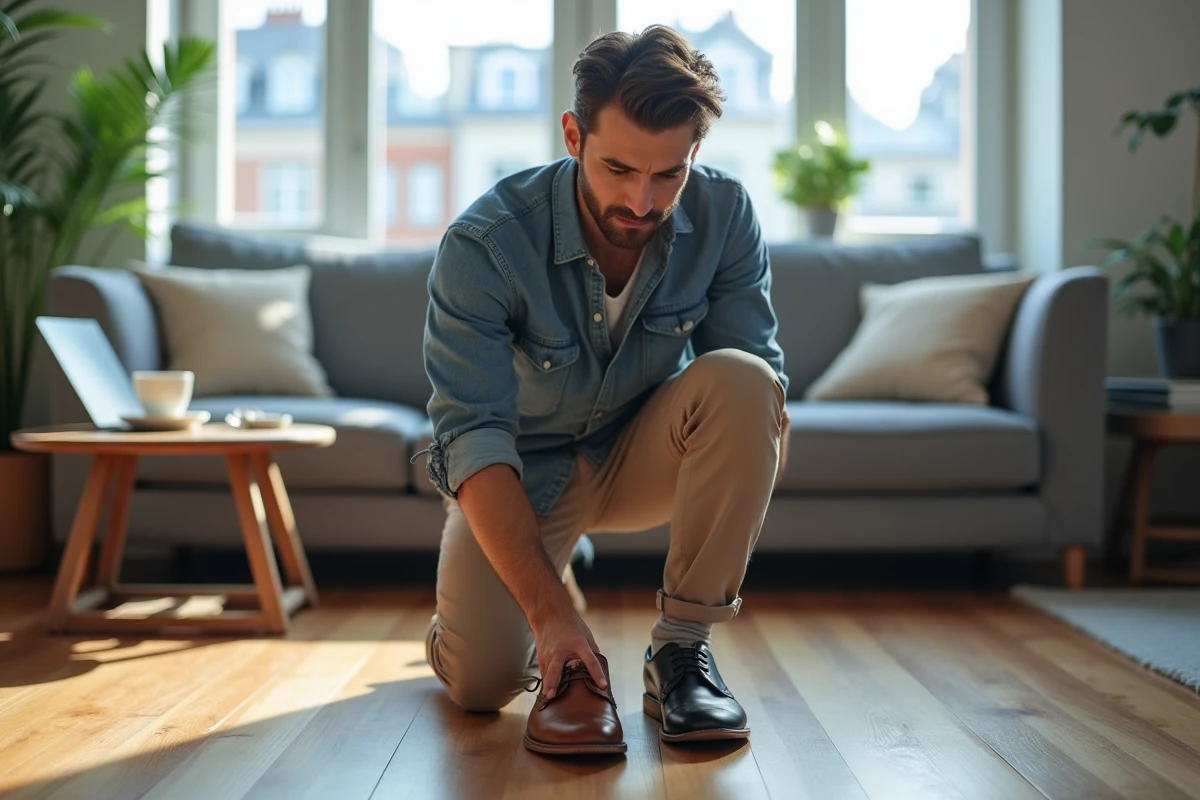 Homme comparant deux paires de chaussures Sursell posées sur le sol de son appartement