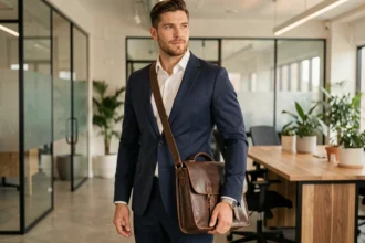 Homme en costume marine portant une sacoche en cuir marron structurée dans un bureau moderne, style professionnel élégant