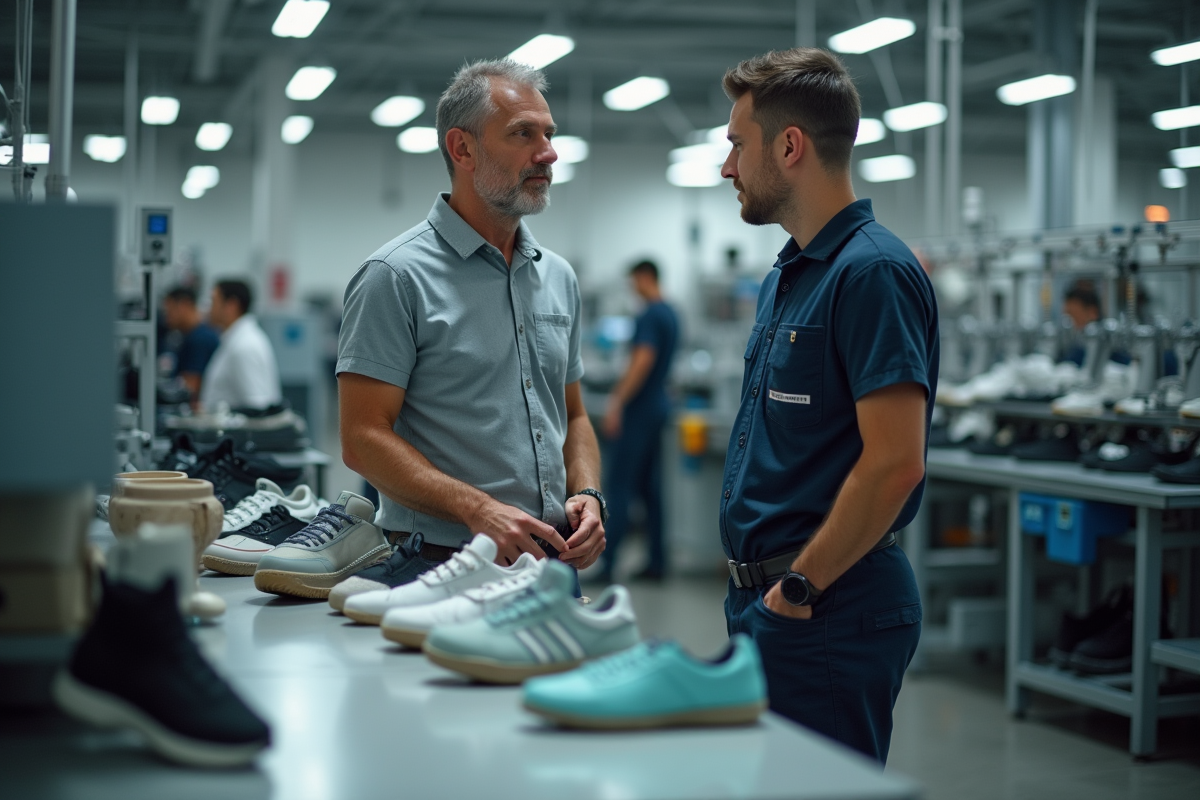 Homme en tenue casual discutant avec ouvrier chaussure