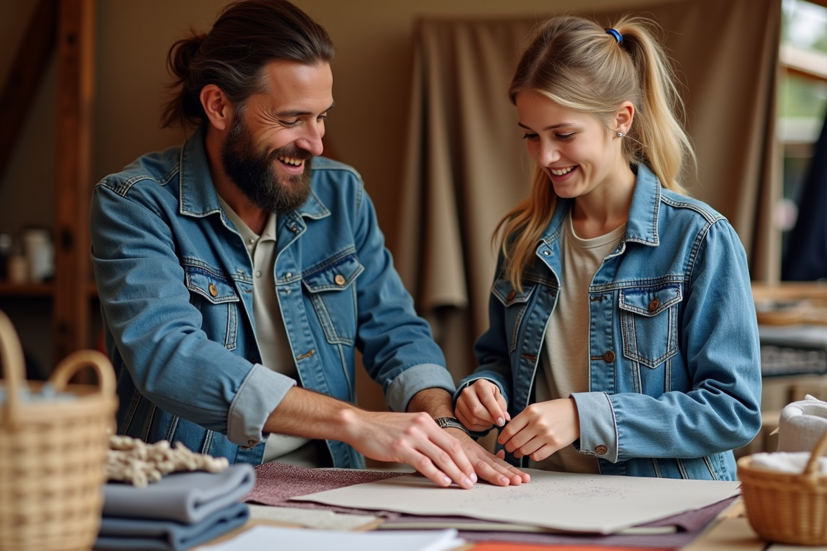 Homme et fille achetant des tissus dans un marché durable