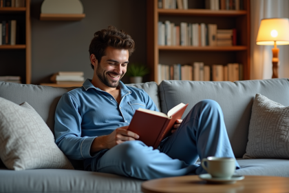 Homme souriant en pyjama confort en lisant dans un salon chaleureux