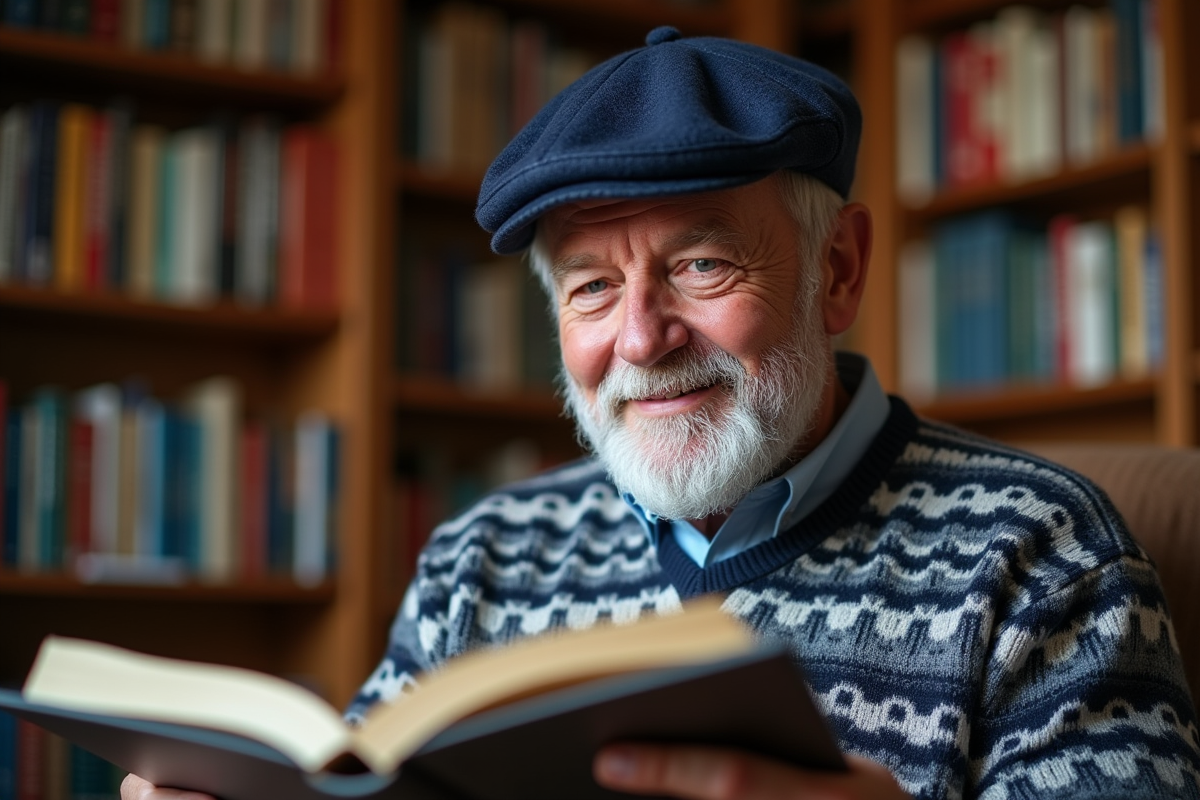 Homme mature lisant un magazine dans une bibliothèque chaleureuse