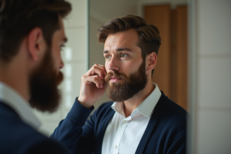 Homme en miroir dans salle de bain moderne avec barbe soignee