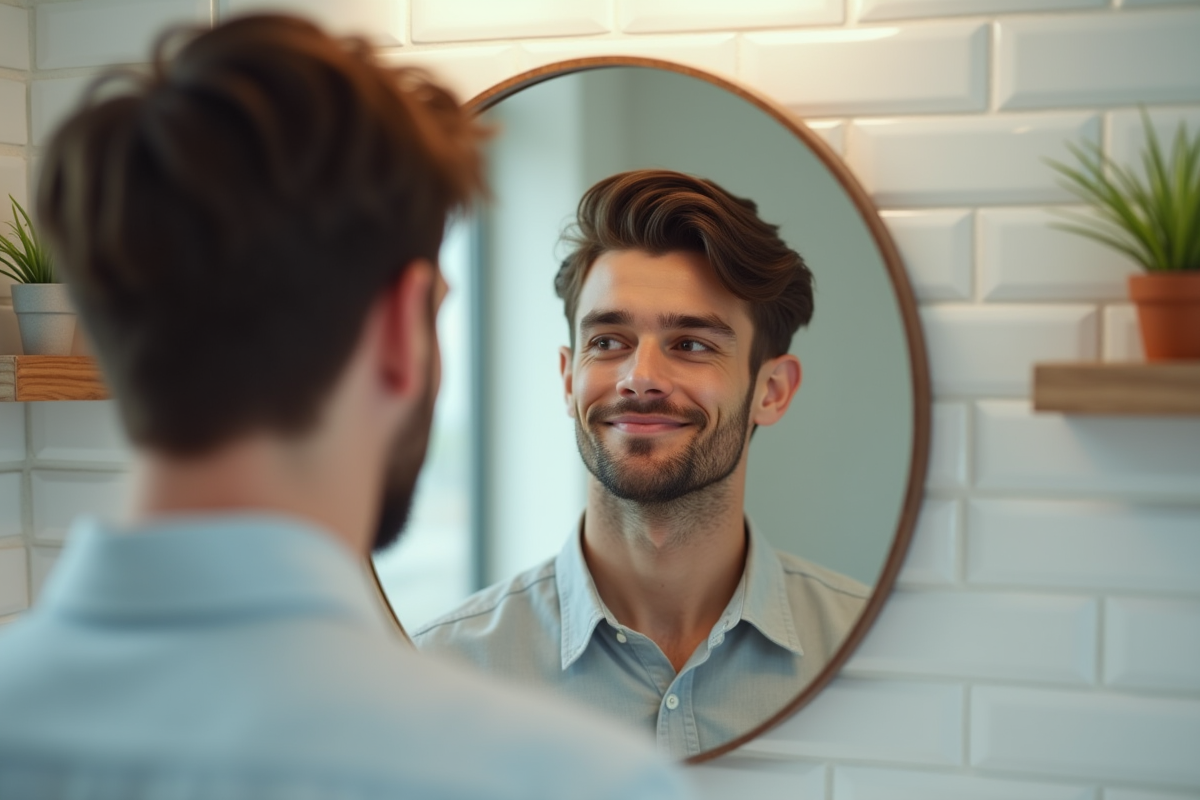 Jeune homme regardant sa nouvelle coupe dans un miroir