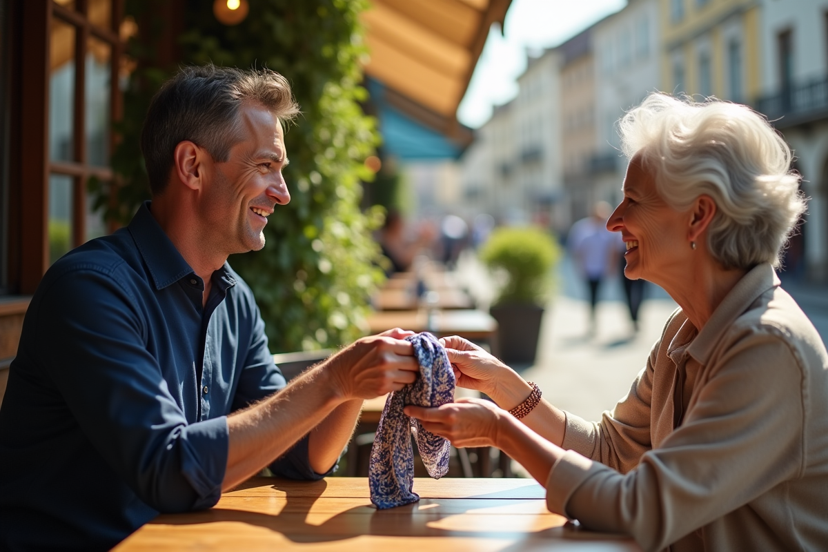 Homme offrant une echarpe en cadeau à une femme au cafe