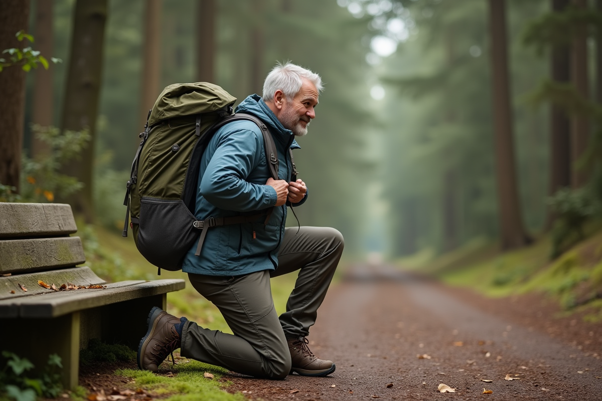 Homme en randonnée ajustant son sac en forêt