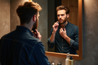 Homme en train de se raser la barbe dans une salle de bain rustique