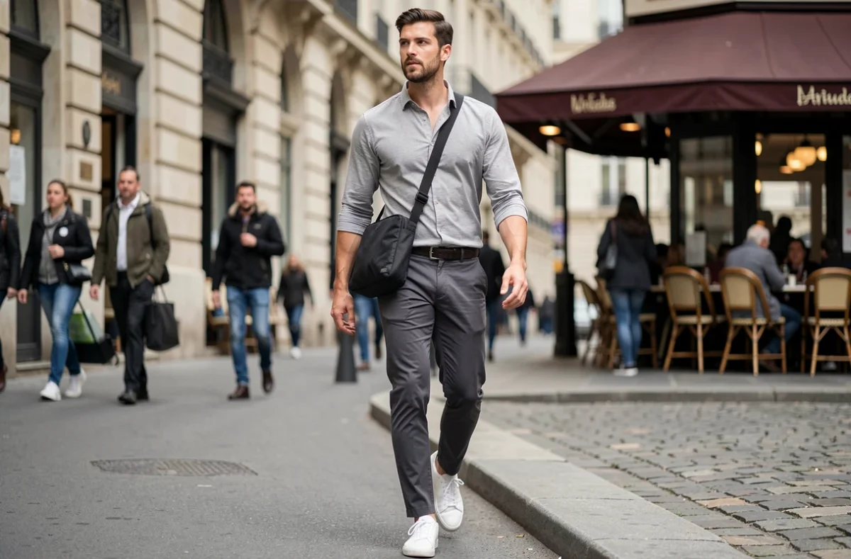 Homme en tenue smart casual avec sacoche nylon crossbody marchant en ville, style urbain décontracté pour le travail