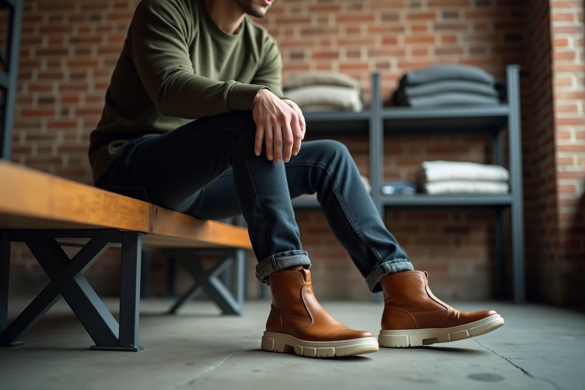 Homme assis portant une botte santiag à un pied et une sneaker blanche à l'autre dans un appartement loft urbain, symbolisant la mixité des styles vestimentaires