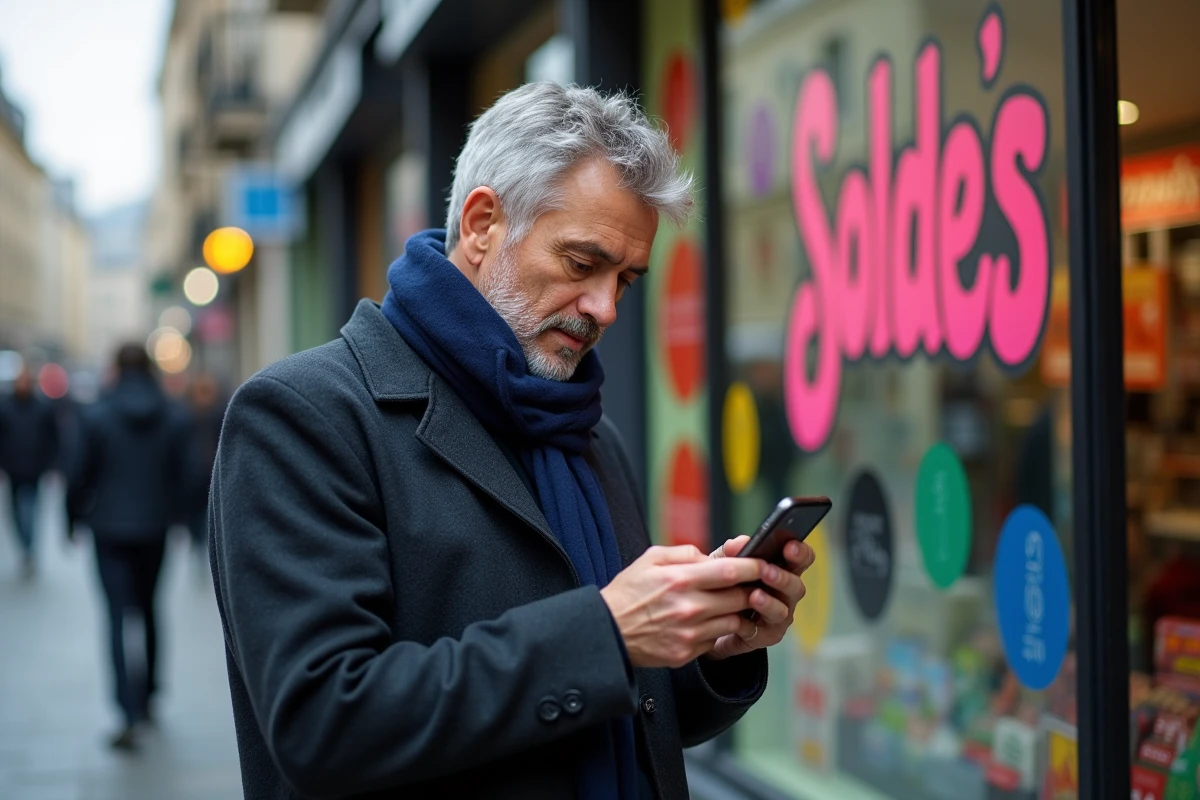 Homme vérifiant son smartphone devant une vitrine en soldes