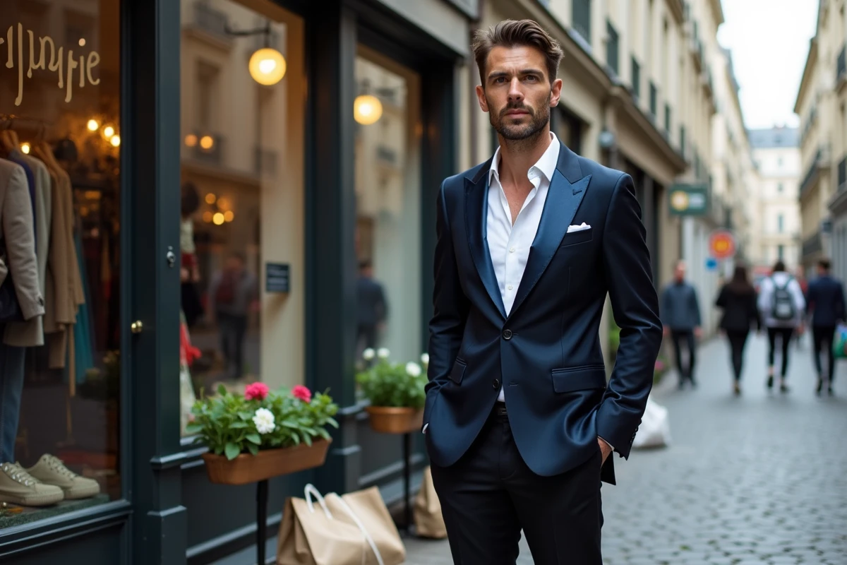 Homme en smoking vintage bleu nuit devant une boutique friperie parisienne dans une ruelle pavée typique