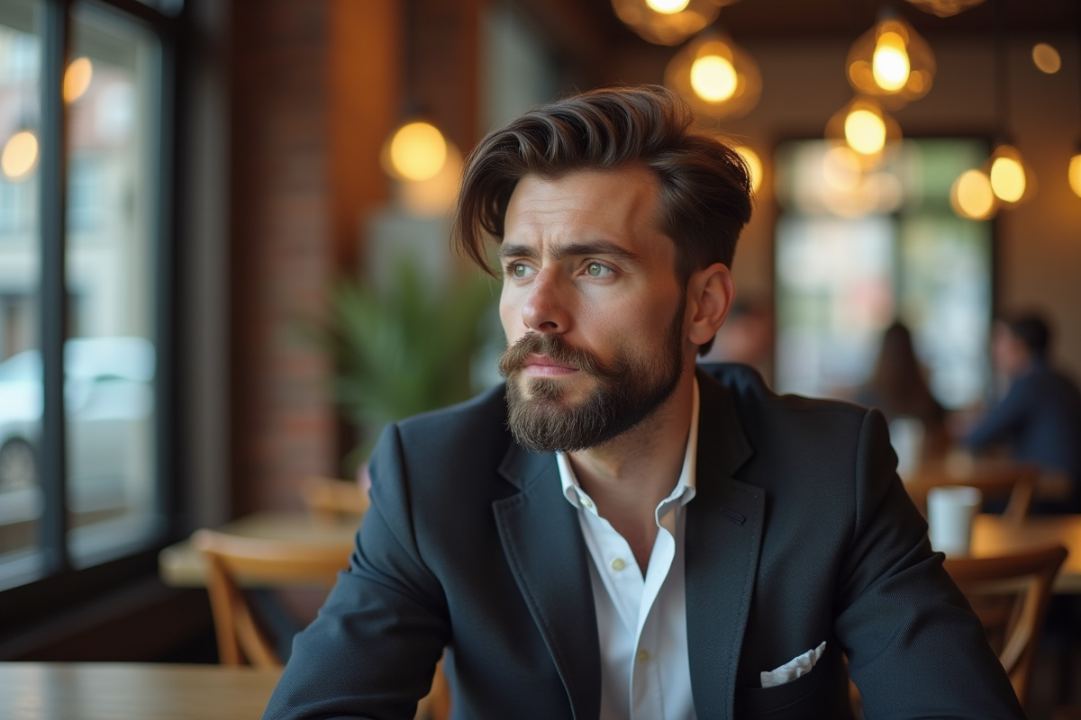 Homme en costume dans un cafe moderne et lumineux