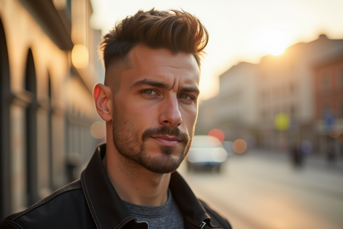 Homme confiant avec coupe textured dans un décor urbain ensoleille