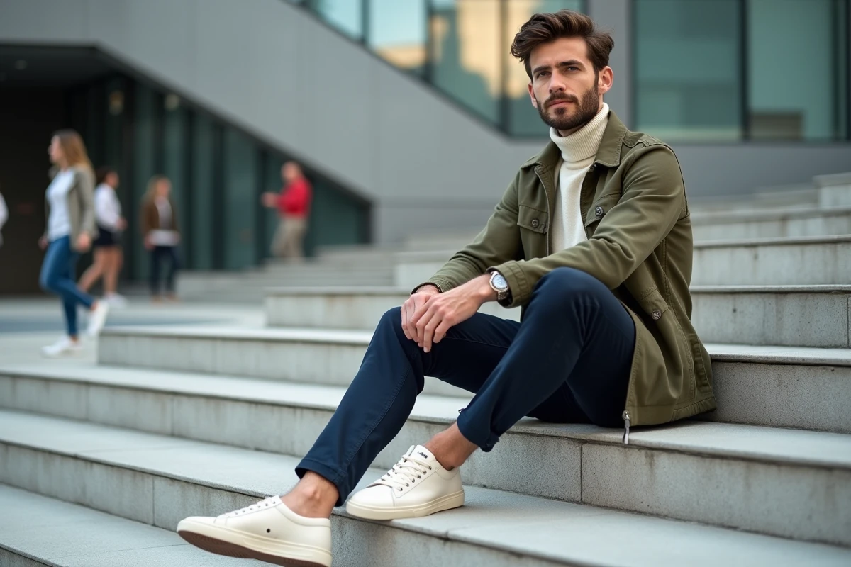 Homme en chino marine et baskets françaises minimalistes assis sur des marches urbaines contemporaines, style vestimentaire chic et décontracté