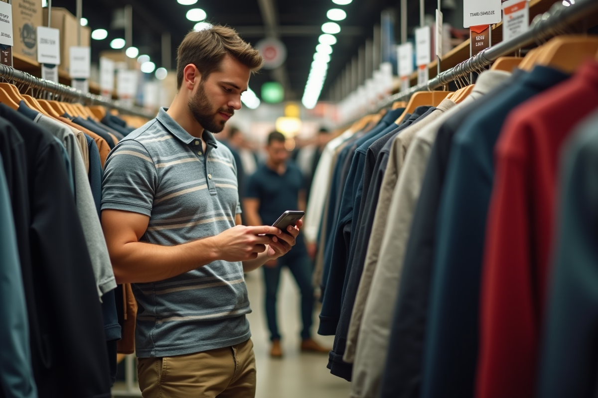 Jeune homme examinant une veste en magasin de seconde main