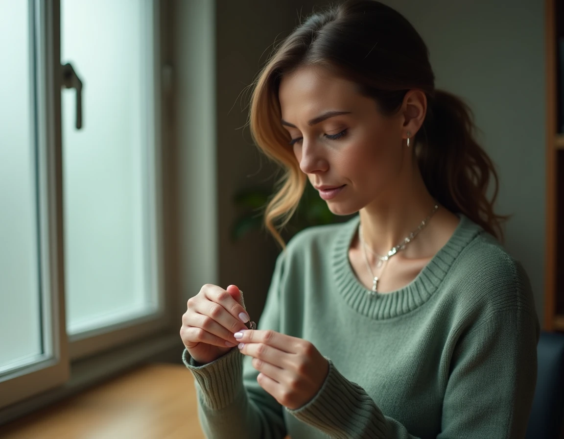 Femme tenant un collier ras de cou en argent à hauteur des yeux pour l'inspecter, illustrant le contrôle de l'état et la durée de vie du bijou