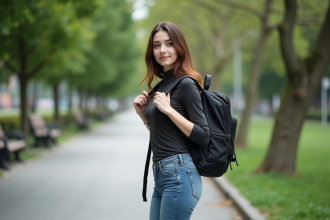 Jeune femme ajustant son sac à dos en ville