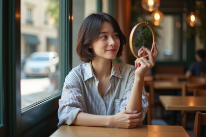 Jeune femme dans un café parisien regardant dans un miroir