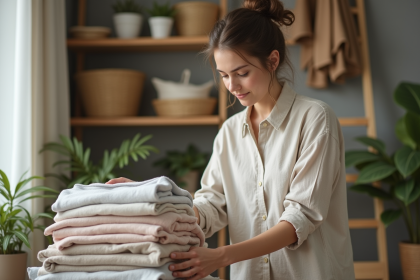 Jeune femme triant des vêtements dans un espace cosy