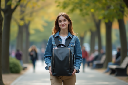 Jeune femme dans un parc urbain avec sac à dos noir