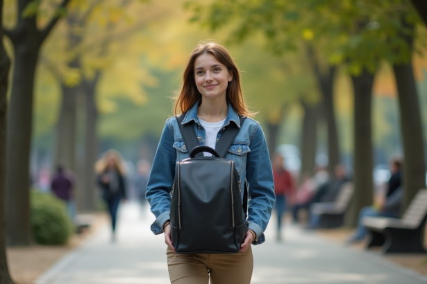 Jeune femme dans un parc urbain avec sac à dos noir