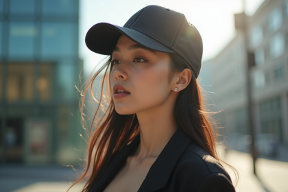 Jeune femme urbaine portant une casquette structurée en extérieur