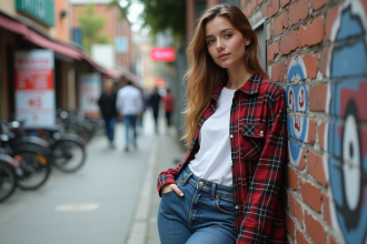 Jeune femme en style 90s contre un mur graffite en ville