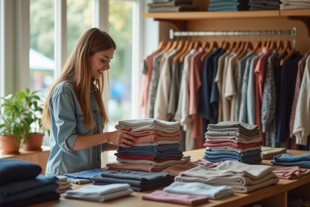 Jeune femme échangeant des vêtements contre de l'argent dans un magasin lumineux