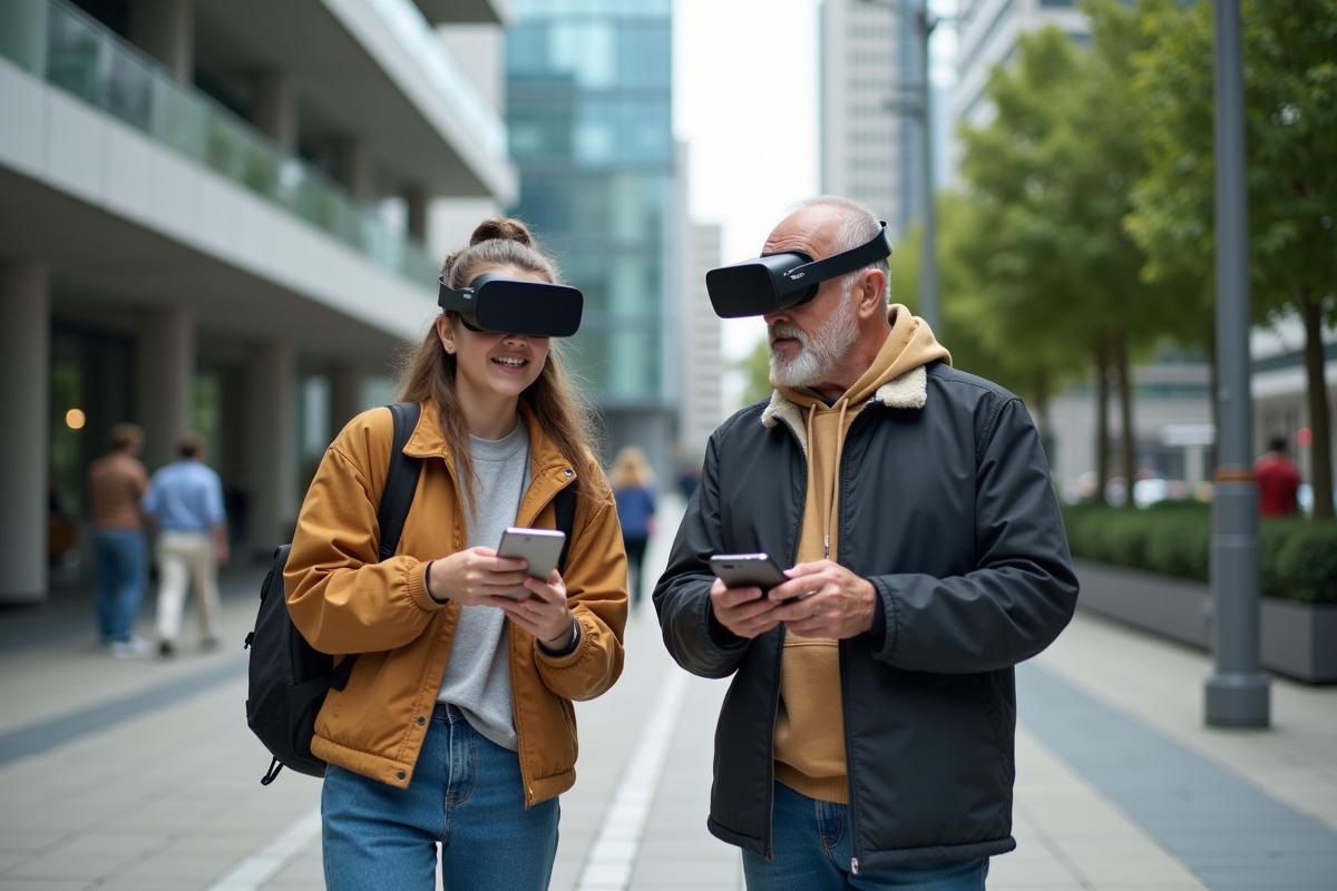 Jeune fille en streetwear utilisant une interface AR en ville