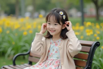 Jeune fille en robe fleurie et cardigan pastel sur un banc