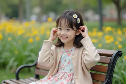 Jeune fille en robe fleurie et cardigan pastel sur un banc