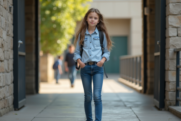 Jeune fille de 13 ans à l'entrée du lycée avec vêtements serrés