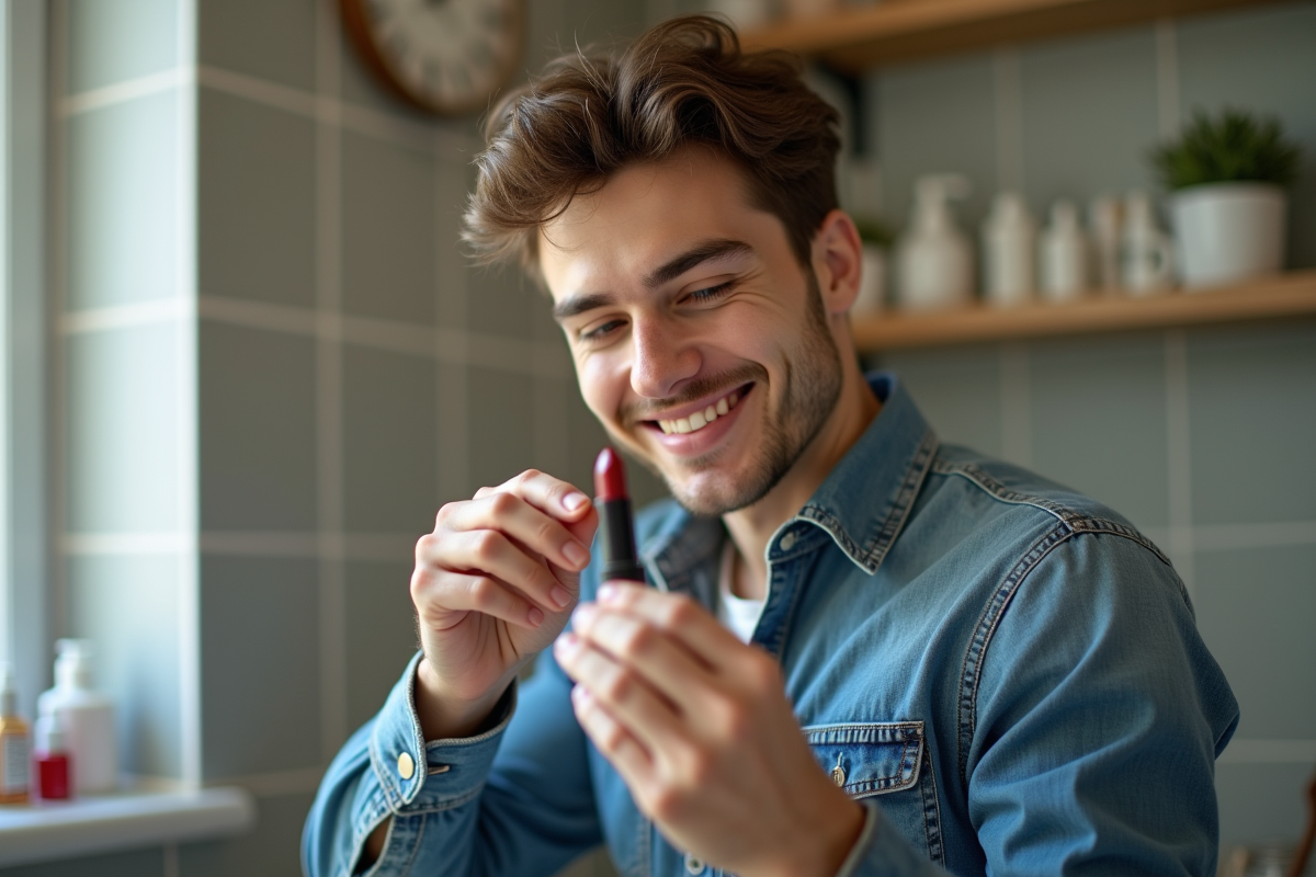 Jeune homme utilisant un spatule pour gratter un vieux rouge à lèvres