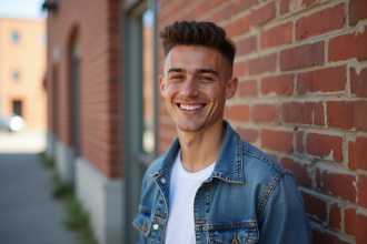 Jeune homme confiant avec t-shirt blanc et veste en denim