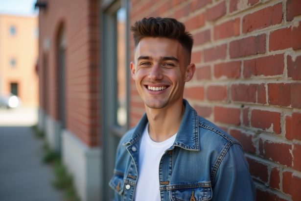Jeune homme confiant avec t-shirt blanc et veste en denim
