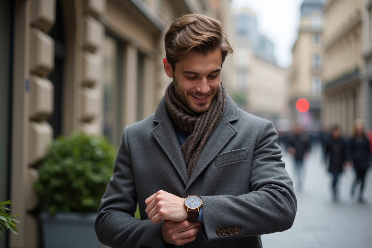 Jeune homme ajustant sa montre dans une rue urbaine