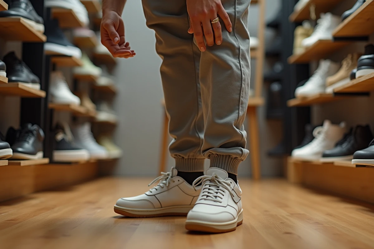 Jeune homme utilisant un étire-chaussures dans un magasin de chaussures