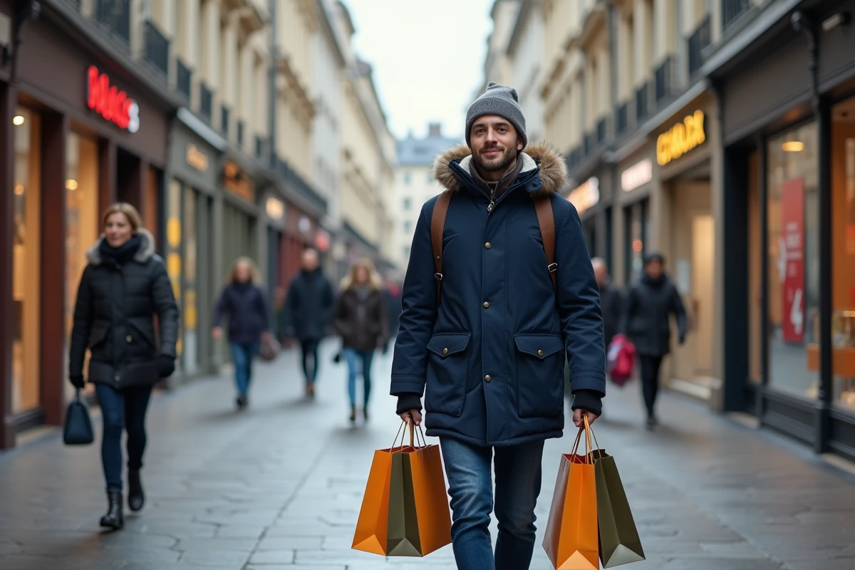 Jeune homme avec sacs de shopping marche dans rue parisienne