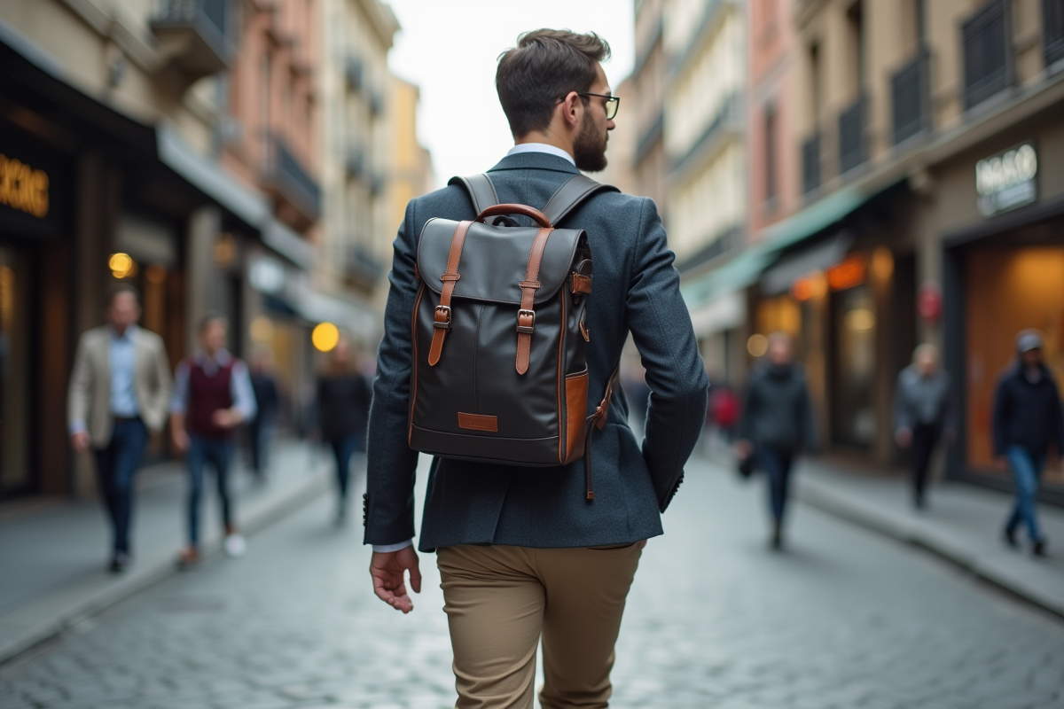 Jeune professionnel avec sac à dos dans la ville dynamique