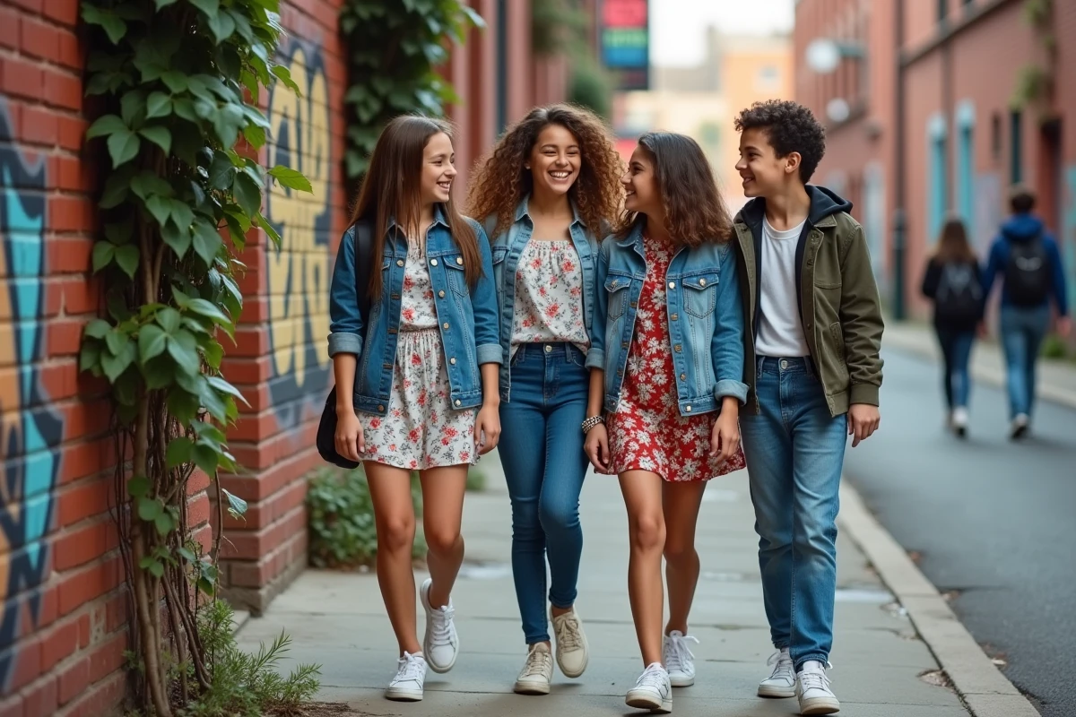 Groupe d amis adolescents en tenues fleuries dans la rue