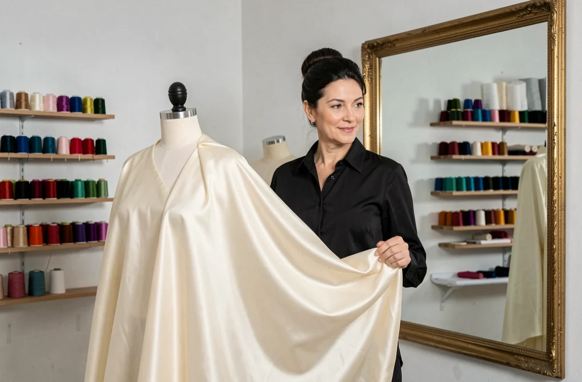 Couturière de l'atelier Kawther Haute-Couture à Toulon drapant un tissu de soie ivoire sur un mannequin de couture professionnel