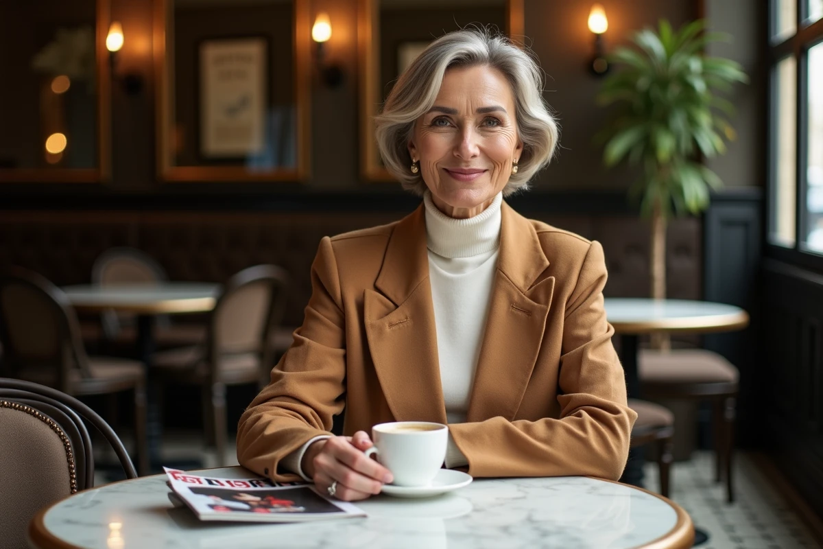 Femme chic de 60 ans en robe-veste trapèze camel assise dans une brasserie parisienne, style élégant et intemporel après 50 ans