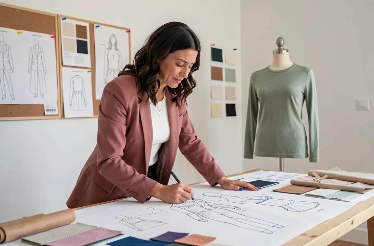 Maeva Gaxet, styliste et couturière à Ollioules, dessinant des croquis de mode sur une grande table de création dans son studio de stylisme moderne