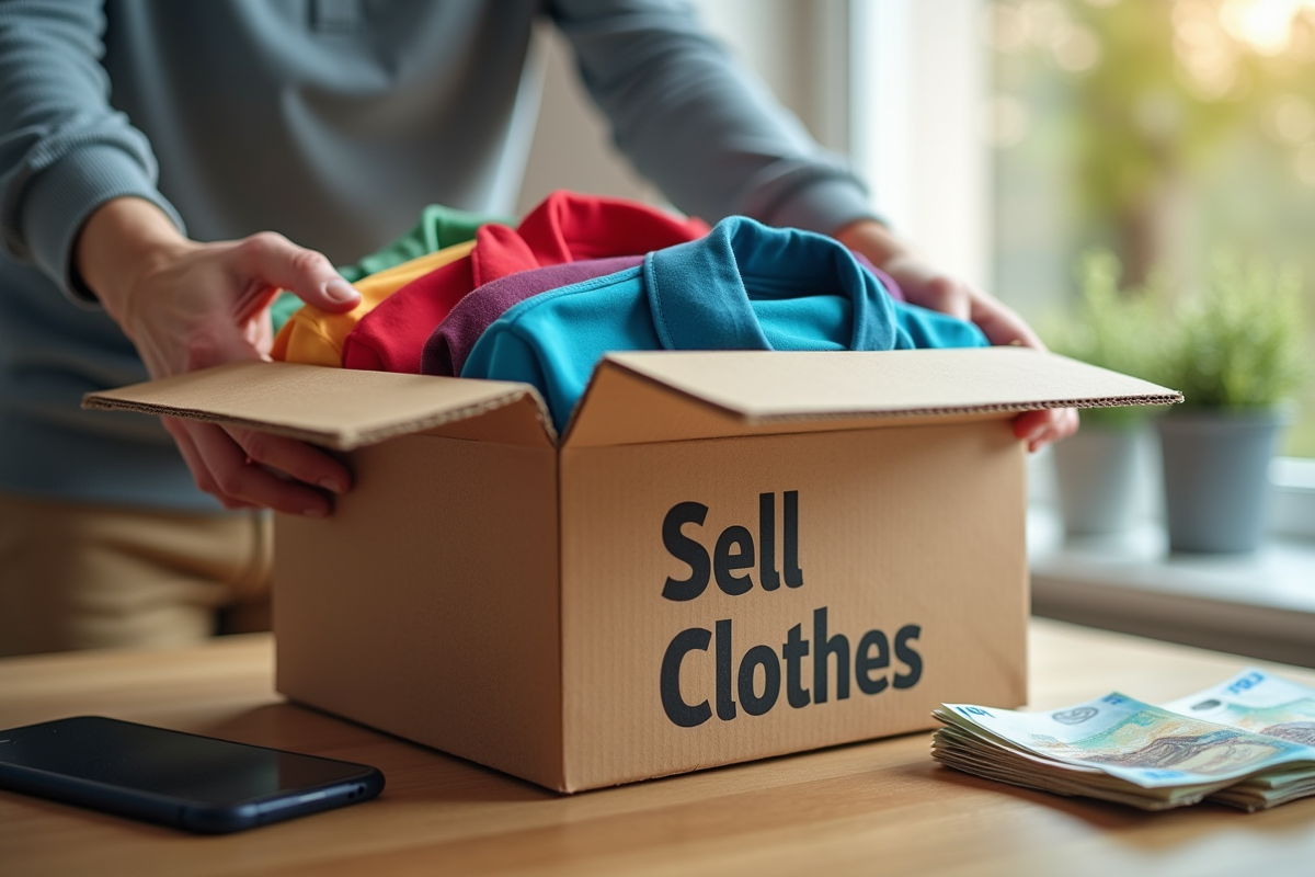 Mains plaçant des vêtements colorés dans une boîte à la maison