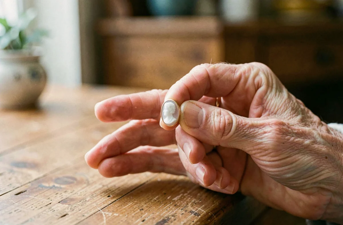 Mains d'une femme âgée tenant délicatement une bague camée vintage en or rose, symbole d'héritage familial et de valeur sentimentale