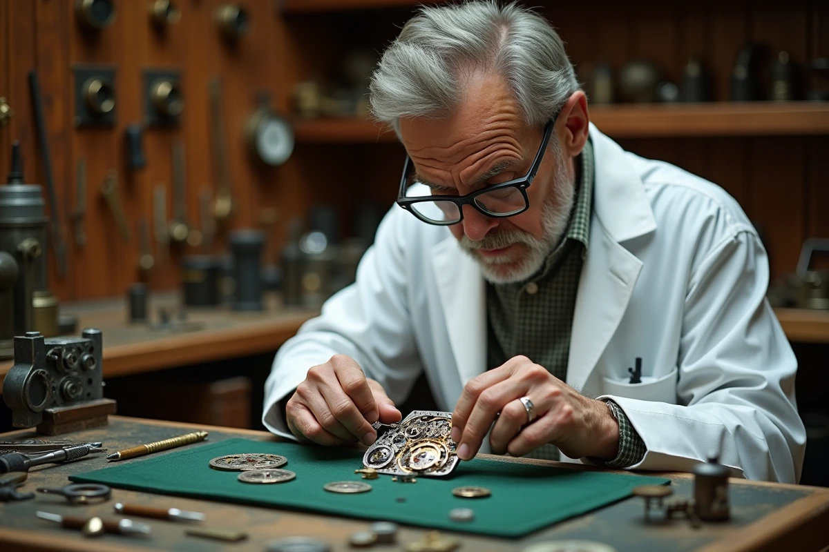 Maître horloger suisse assemblant le mouvement d'une montre de haute complication dans un atelier traditionnel