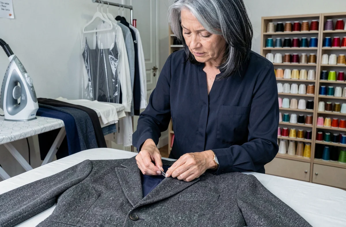 Malia Vilasco dans son atelier de retouche à Aix-en-Provence décousant avec soin une veste en laine sur une table de repassage professionnelle