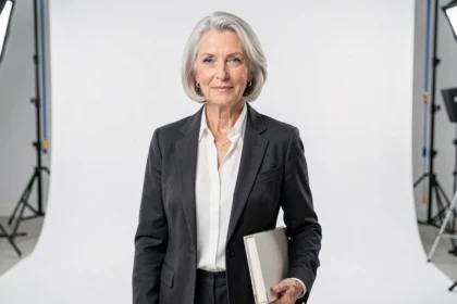Mannequin senior femme aux cheveux argentés posant dans un studio photo professionnel avec portfolio